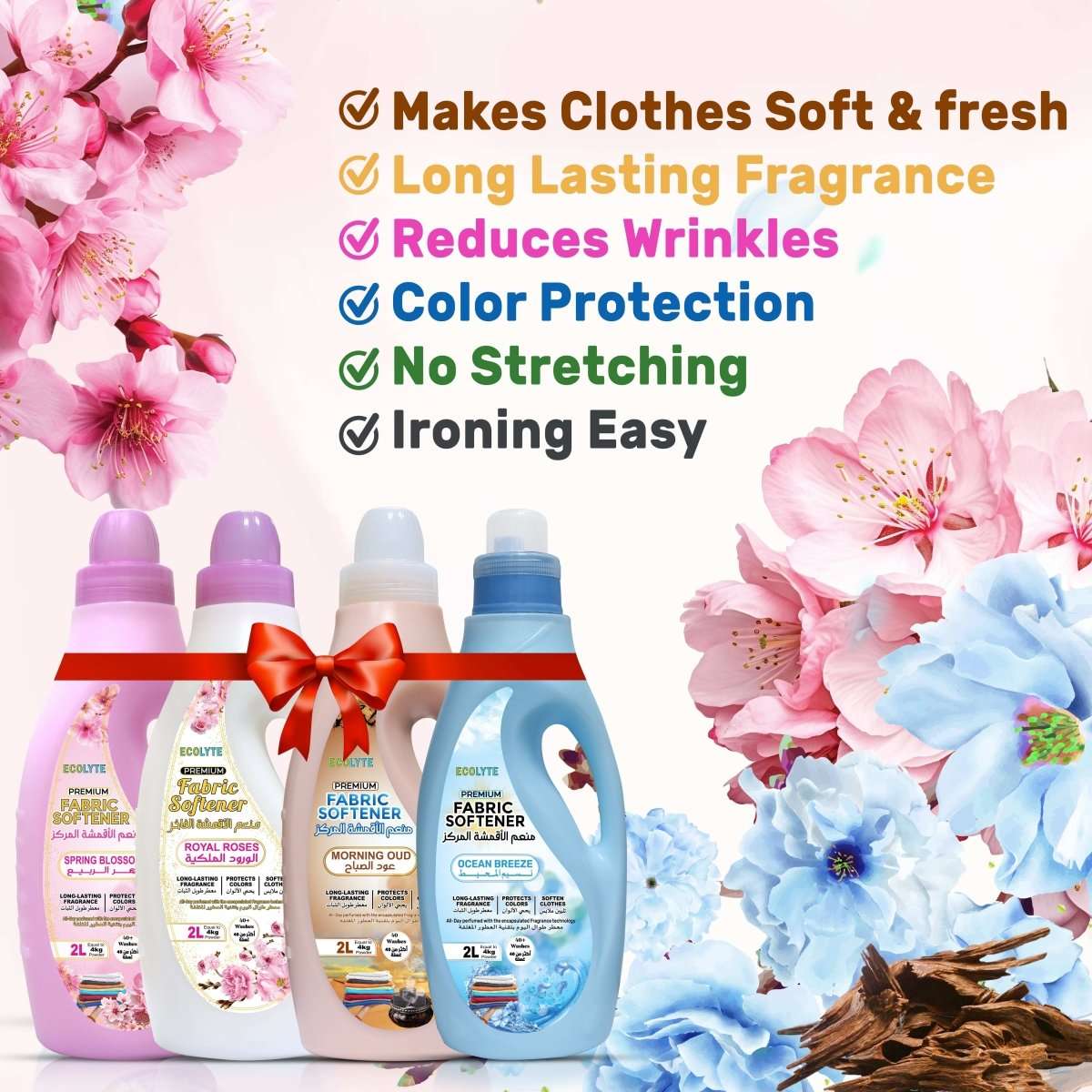 Fabric Softener Bundle - (Ocean Breeze, Spring Blossom, Morning Oud & Royal Roses - 2 Liter, Pack of 4) - Ecolyte Plus