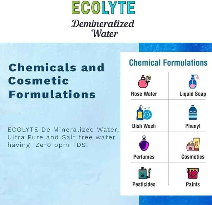 Ecolyte Ultra Pure De-Mineralized Water for Chemicals, Cosmetics, Medical Equipment, Inverters, and Batteries