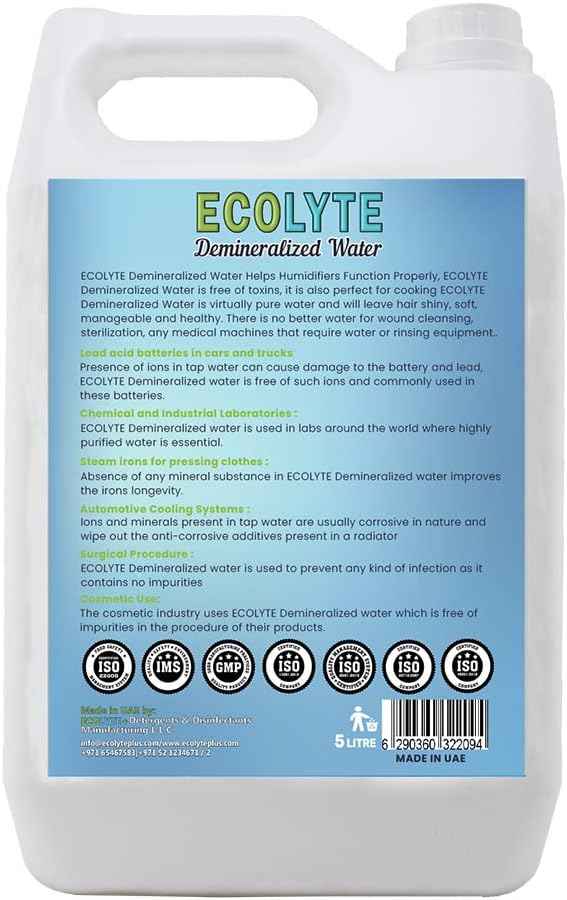 Ecolyte Ultra Pure De-Mineralized Water for Chemicals, Cosmetics, Medical Equipment, Inverters, and Batteries