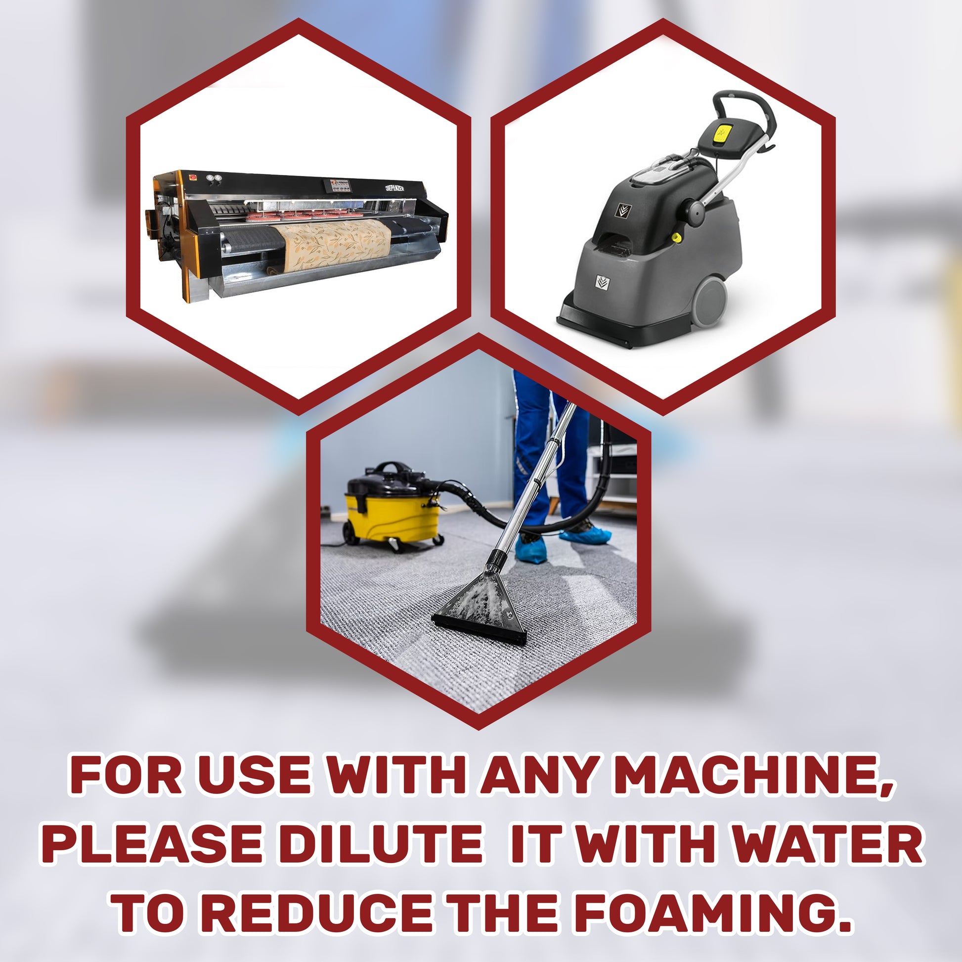 Three hexagonal frames showcasing cleaning machines with a text overlay on a light gray background.